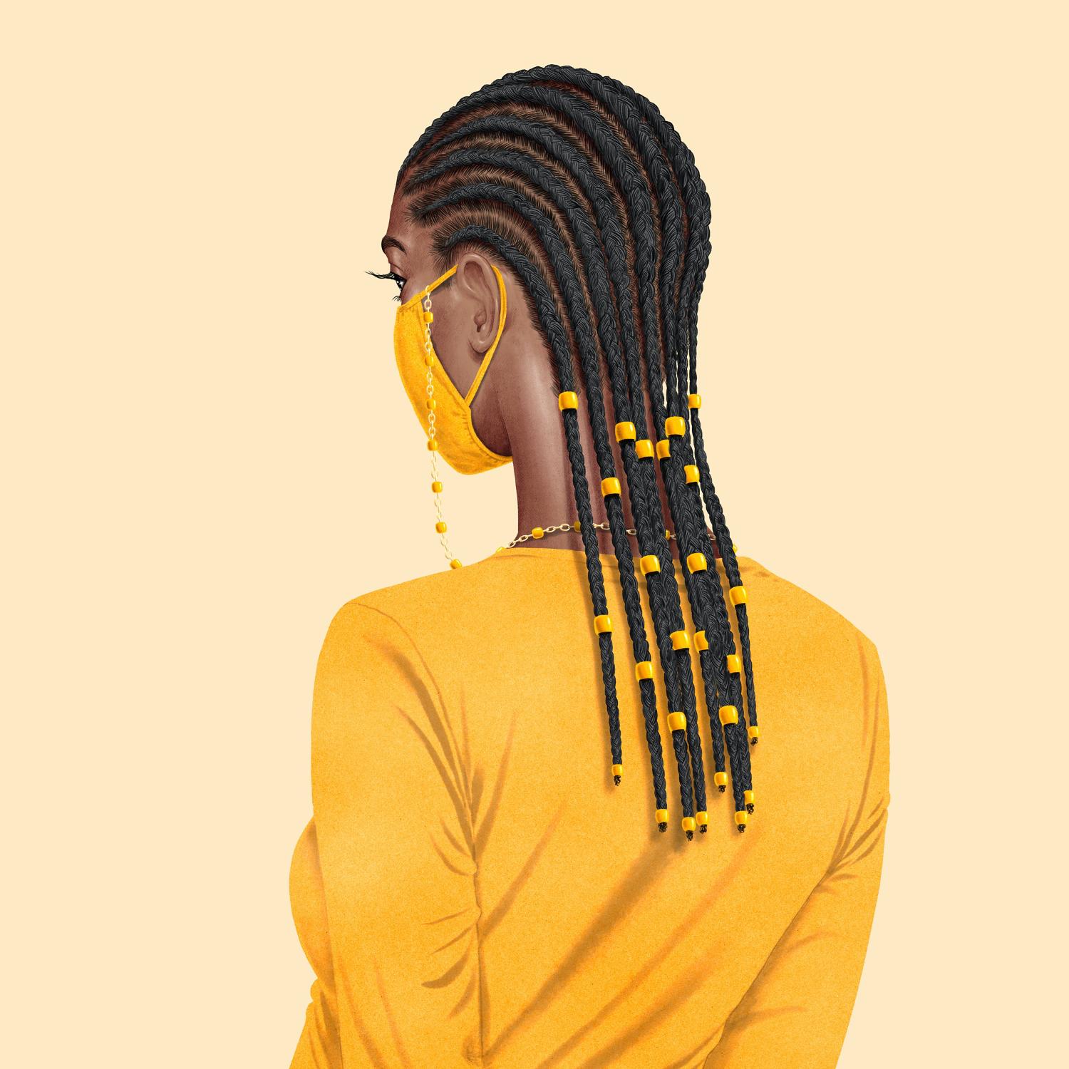 Illustration of a model with a haircut styled around her facemask